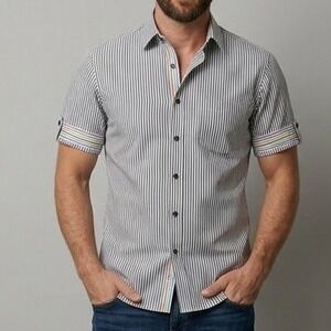 Jermyn & Bond Button Up Shirt Mens Large White Multi Stripe Modern Fit Cotton